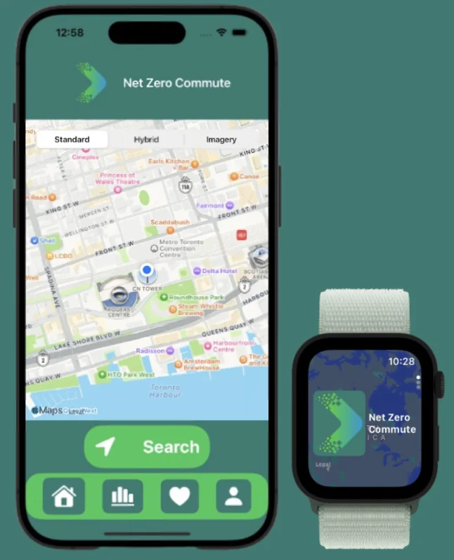 Net Zero Commute app on an iPhone showing a route search map of downtown Toronto, with a companion Apple Watch screen