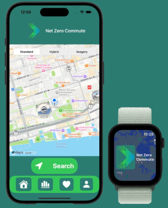 Net Zero Commute app shown on an iPhone and Apple Watch, displaying the map search screen and watch complication