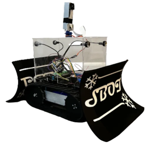 Snow SBOT robot with tracked wheels, front and back plow blades, a clear electronics enclosure and a raised camera