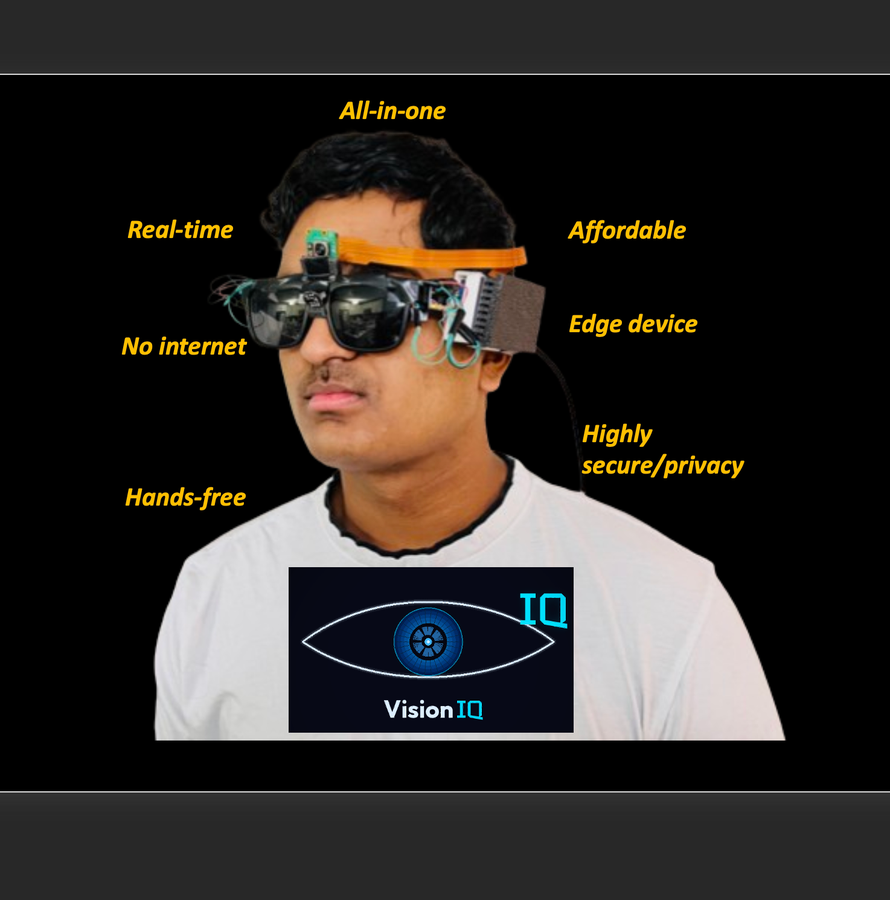 VisionIQ CWSF project board photo showing the assistive glasses prototype worn by the creator, with feature callouts and the VisionIQ logo