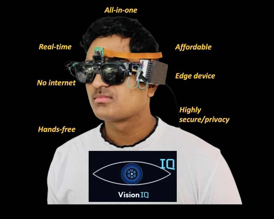 Surya Narayan Santhakumar wearing his VisionIQ prototype, smart glasses with a camera and an on-device AI unit, labelled all-in-one, real-time, affordable, no internet, edge device, hands-free and private